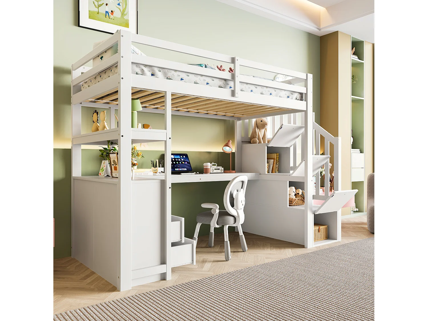 Cama alta de 90x200 cm con escritorio, escalera con almacenaje y 2 cajones - Blanca