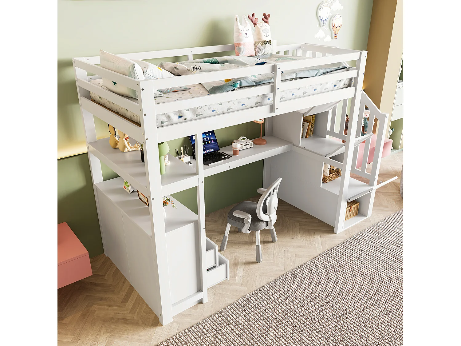 Cama alta de 90x200 cm con escritorio, escalera con almacenaje y 2 cajones - Blanca