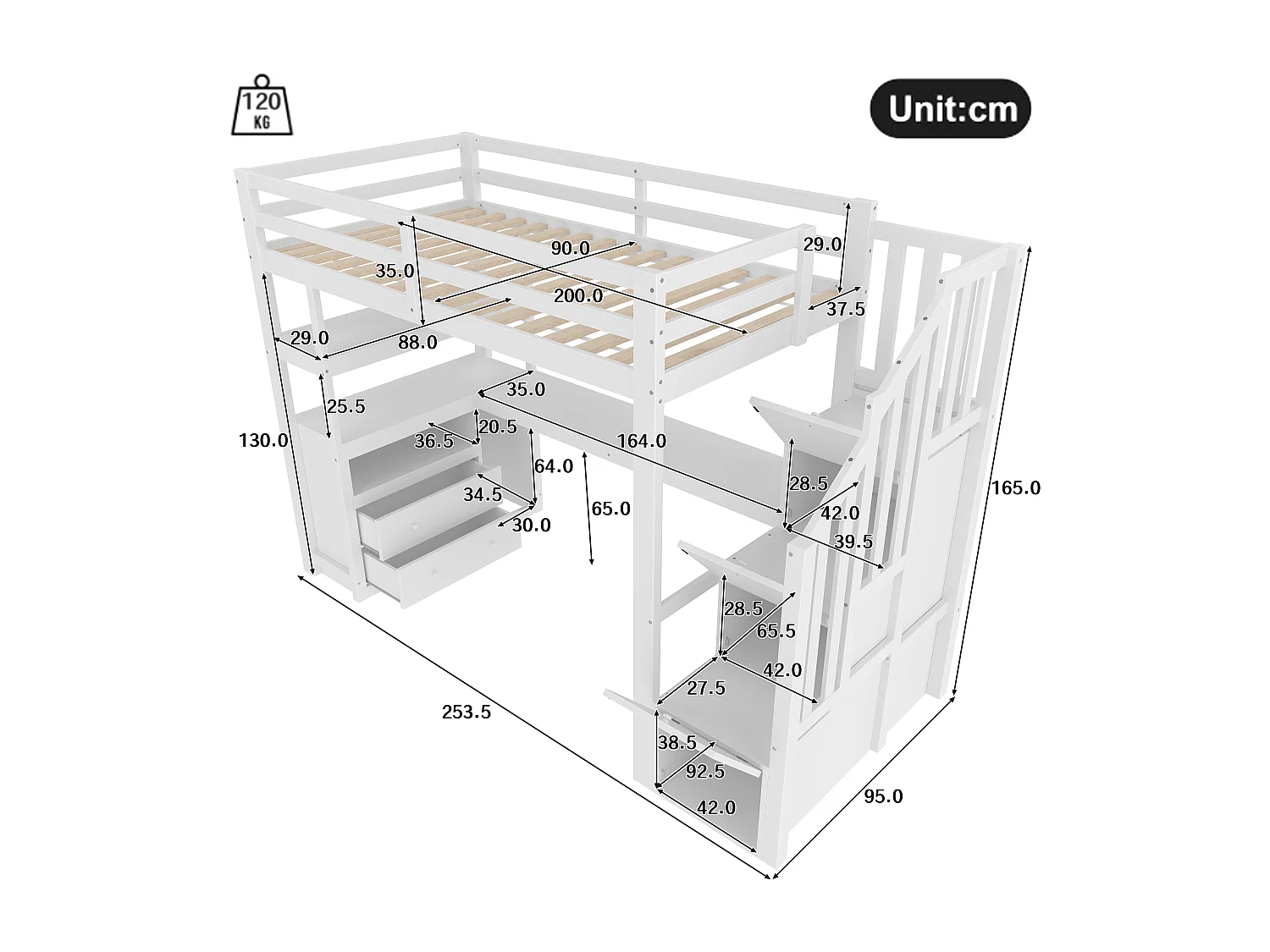 Cama alta de 90x200 cm con escritorio, escalera con almacenaje y 2 cajones - Blanca