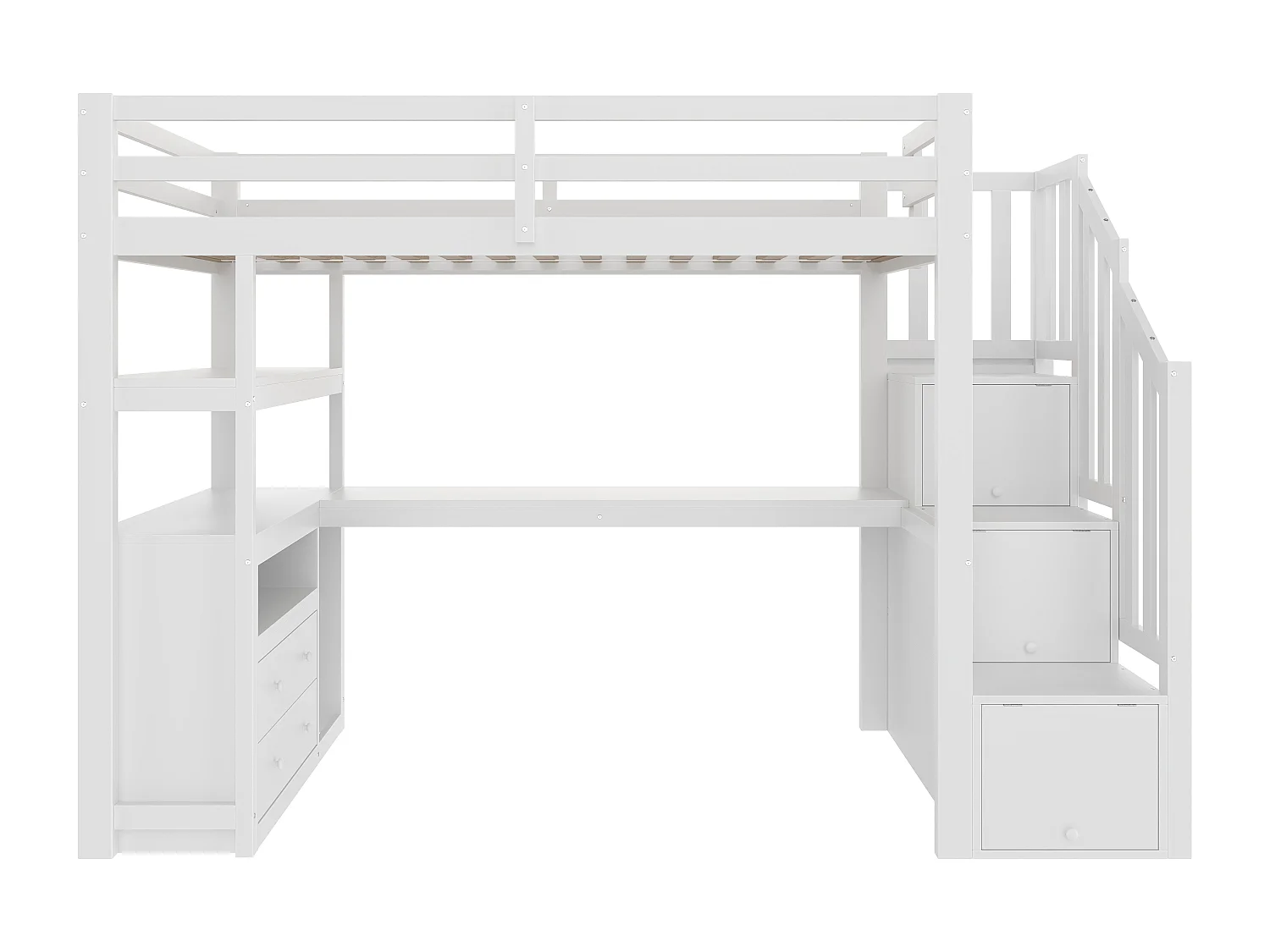 Cama alta de 90x200 cm con escritorio, escalera con almacenaje y 2 cajones - Blanca