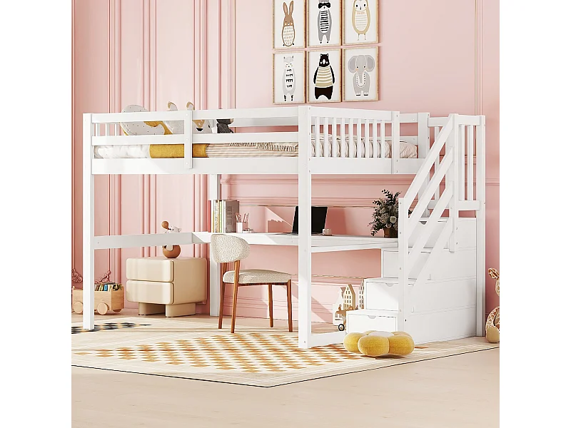 Hochbett 140 x 200 cm, Kinderbett mit Schubladen und Schreibtisch unter dem Bett – Weiß