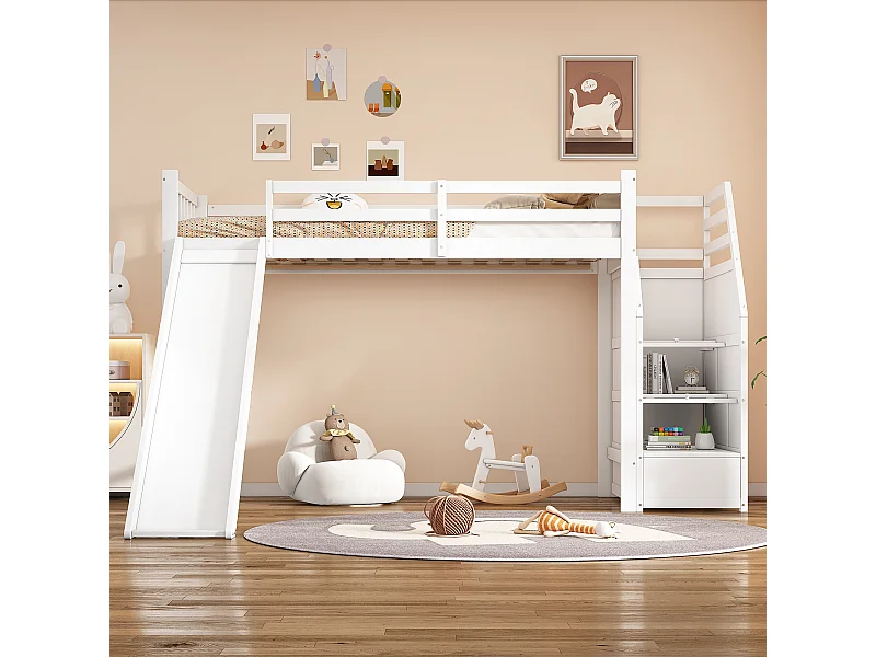 Cama alta infantil de 90x200 cm com escorregador, escada com arrumação, certificação EN747, colchão não incluído - Branca