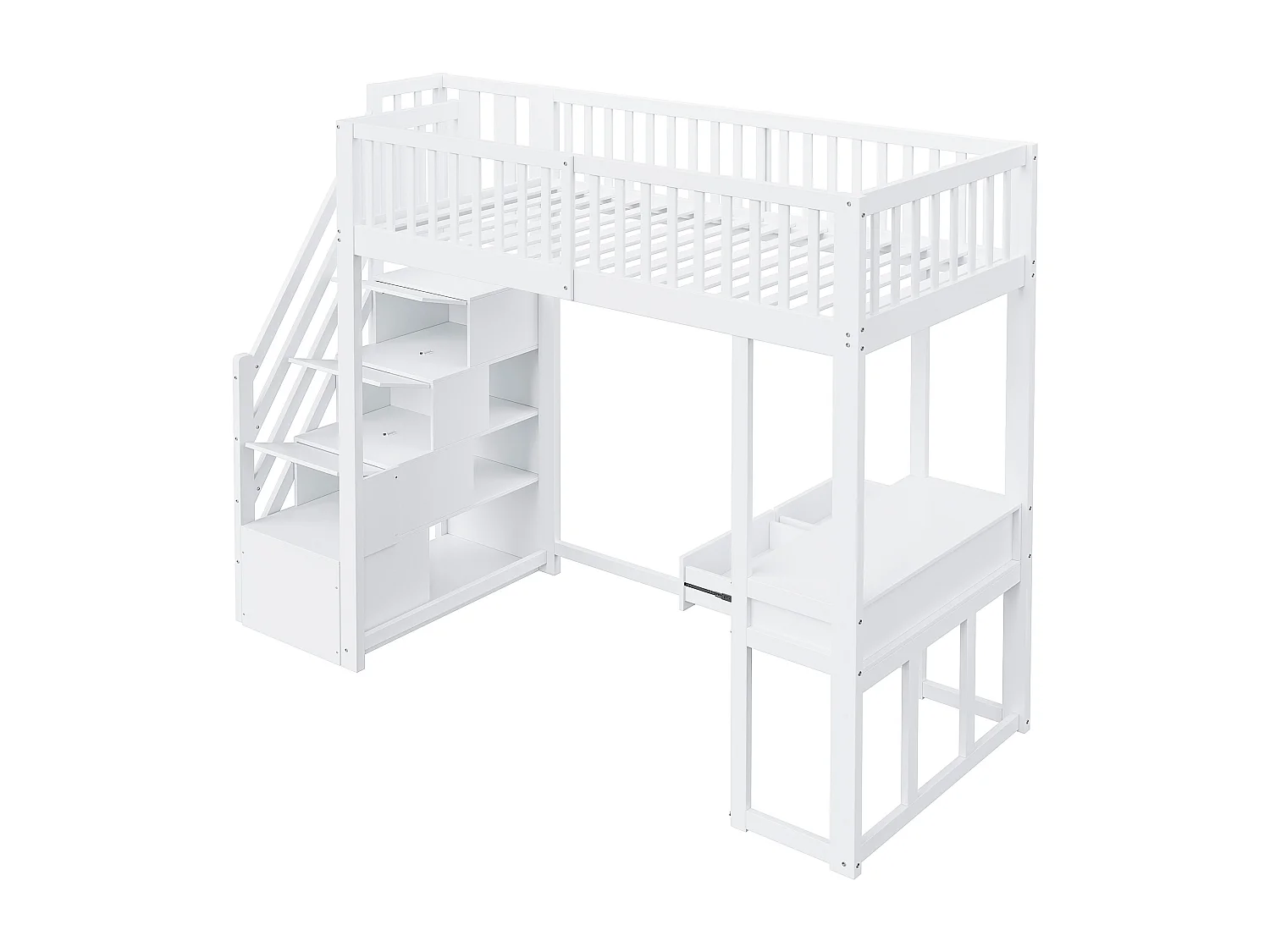 Hoogslaper 90x200 cm met multifunctioneel bureau, veilige opbergladder, massief grenen frame - wit