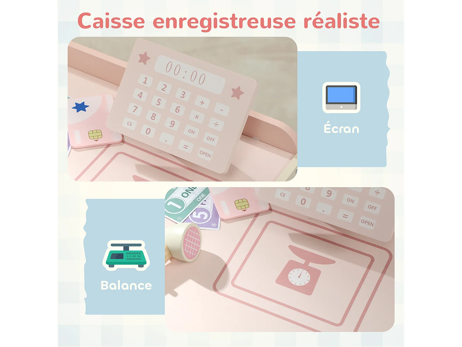 Jeu de la marchande en bois - jeu imitation supermarché enfant - beige rose