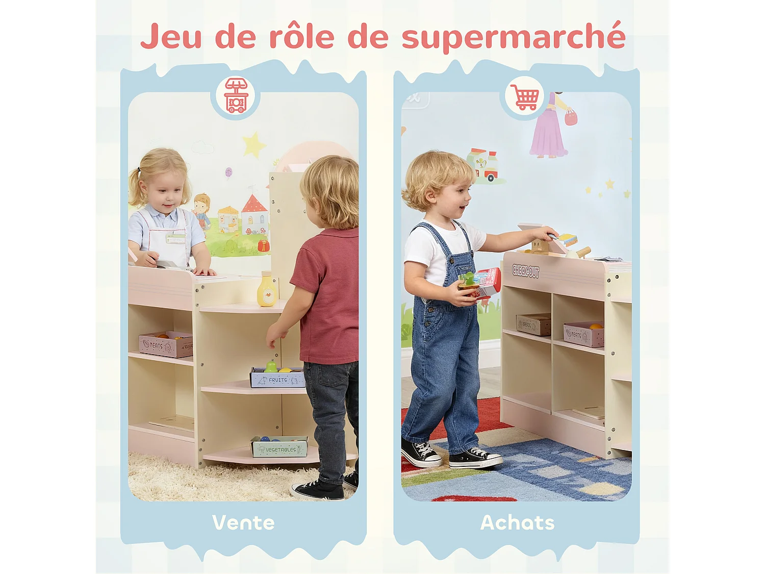 Jeu de la marchande en bois - jeu imitation supermarché enfant - beige rose