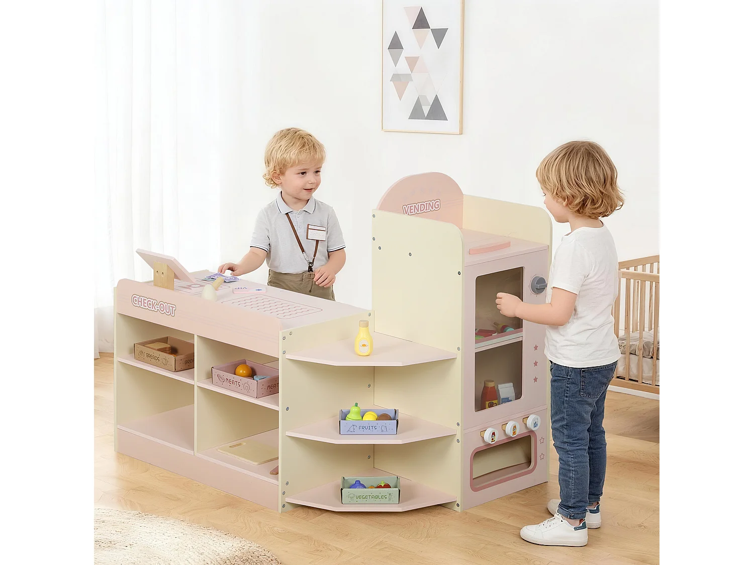 Jeu de la marchande en bois - jeu imitation supermarché enfant - beige rose
