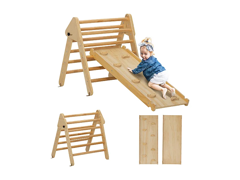 Ensemble d'escalade en bois 3 en 1 - triangle Pikler, toboggan, rampe - panneaux bois pin
