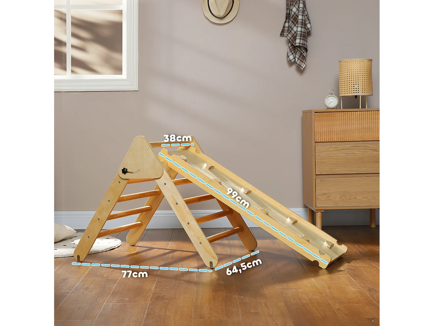 Ensemble d'escalade en bois 3 en 1 - triangle Pikler, toboggan, rampe - panneaux bois pin