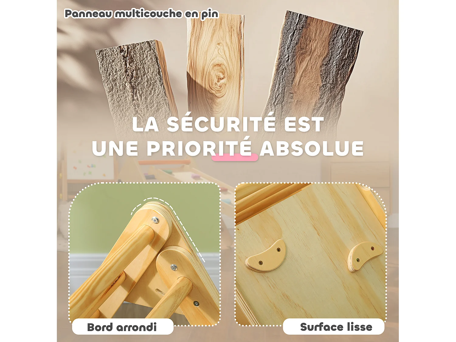 Ensemble d'escalade en bois 3 en 1 - triangle Pikler, toboggan, rampe - panneaux bois pin