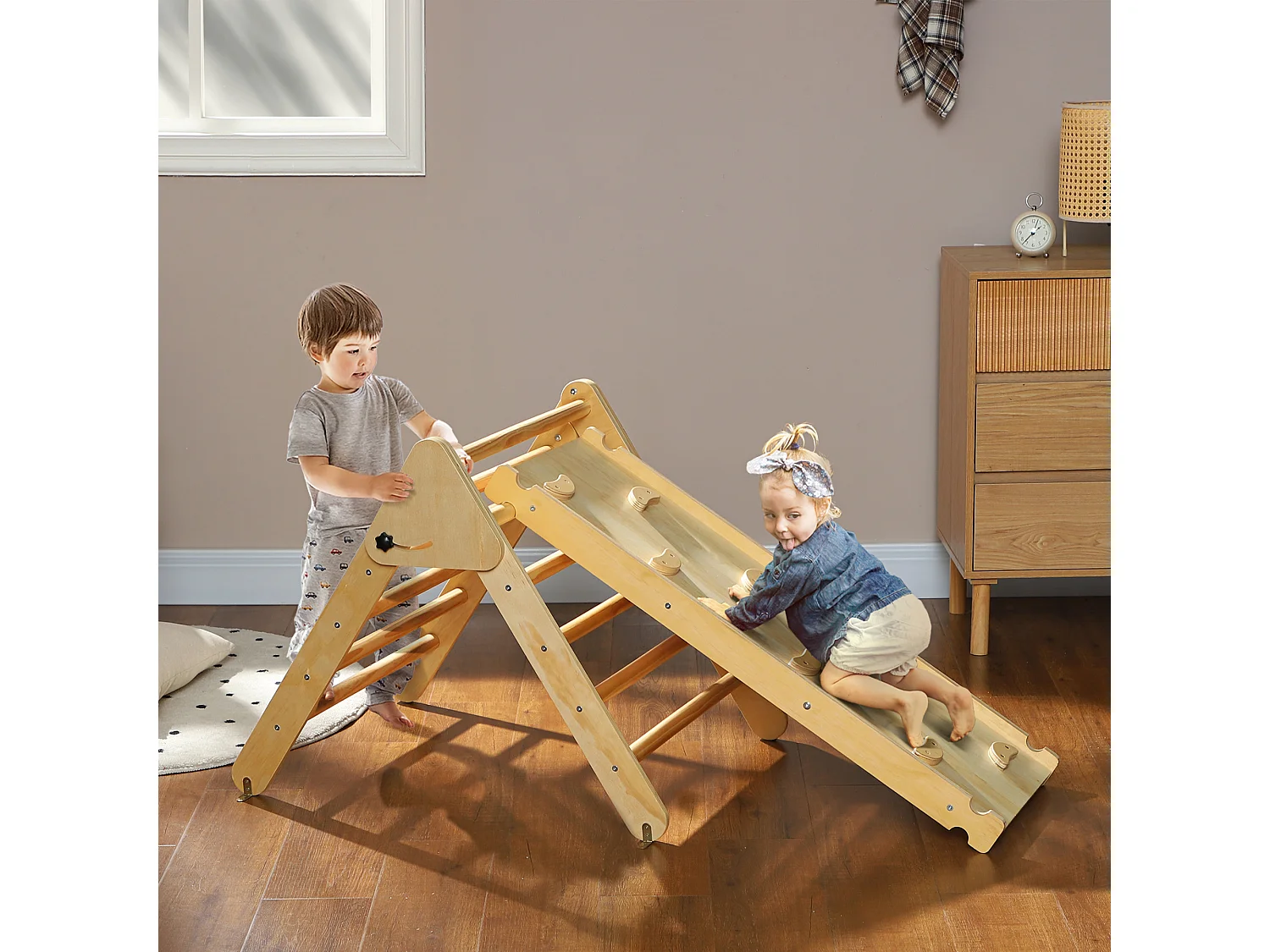 Ensemble d'escalade en bois 3 en 1 - triangle Pikler, toboggan, rampe - panneaux bois pin