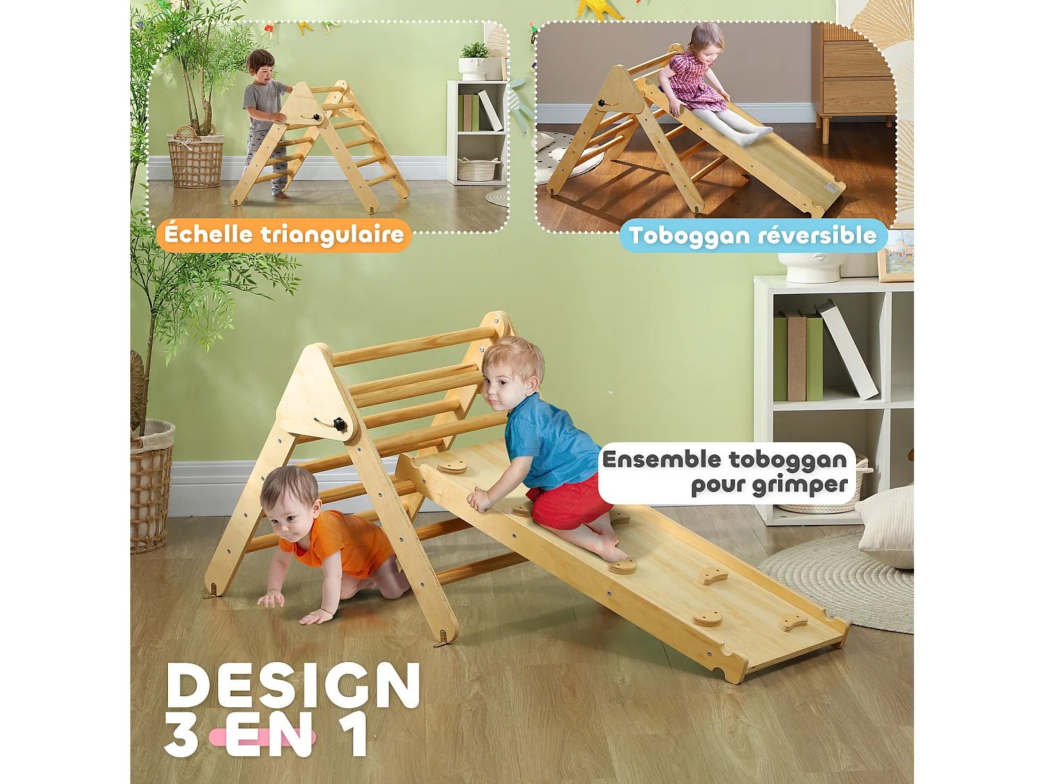 Ensemble d'escalade en bois 3 en 1 - triangle Pikler, toboggan, rampe - panneaux bois pin