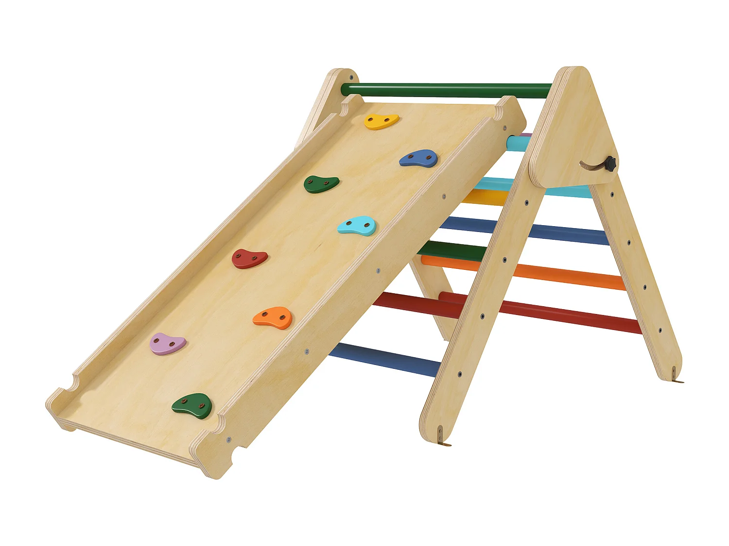Ensemble d'escalade en bois 3 en 1 - triangle Pikler, toboggan, rampe - panneaux bois pin multicolore