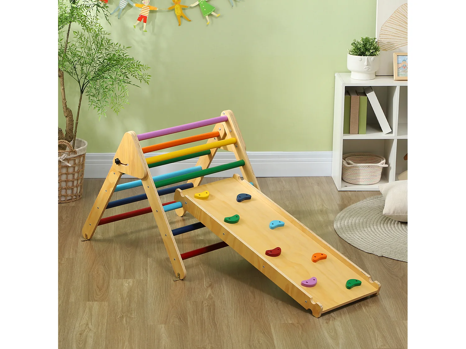 Ensemble d'escalade en bois 3 en 1 - triangle Pikler, toboggan, rampe - panneaux bois pin multicolore