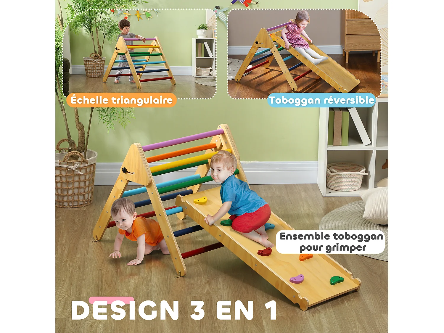 Ensemble d'escalade en bois 3 en 1 - triangle Pikler, toboggan, rampe - panneaux bois pin multicolore