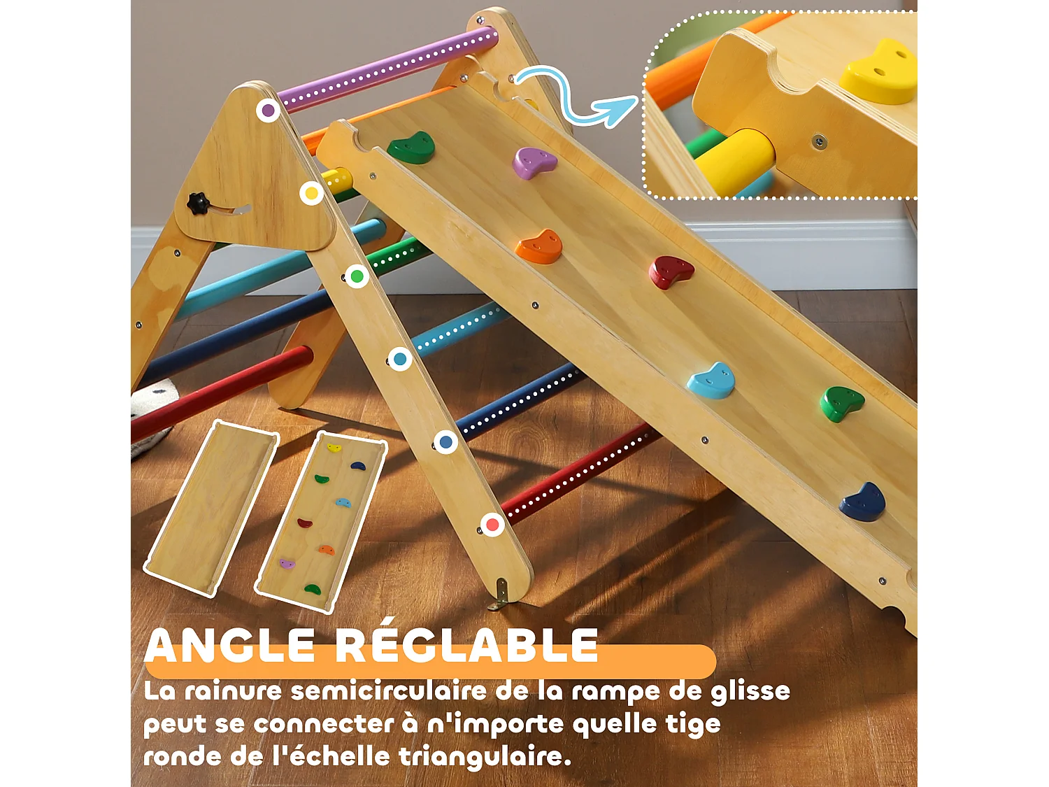 Ensemble d'escalade en bois 3 en 1 - triangle Pikler, toboggan, rampe - panneaux bois pin multicolore