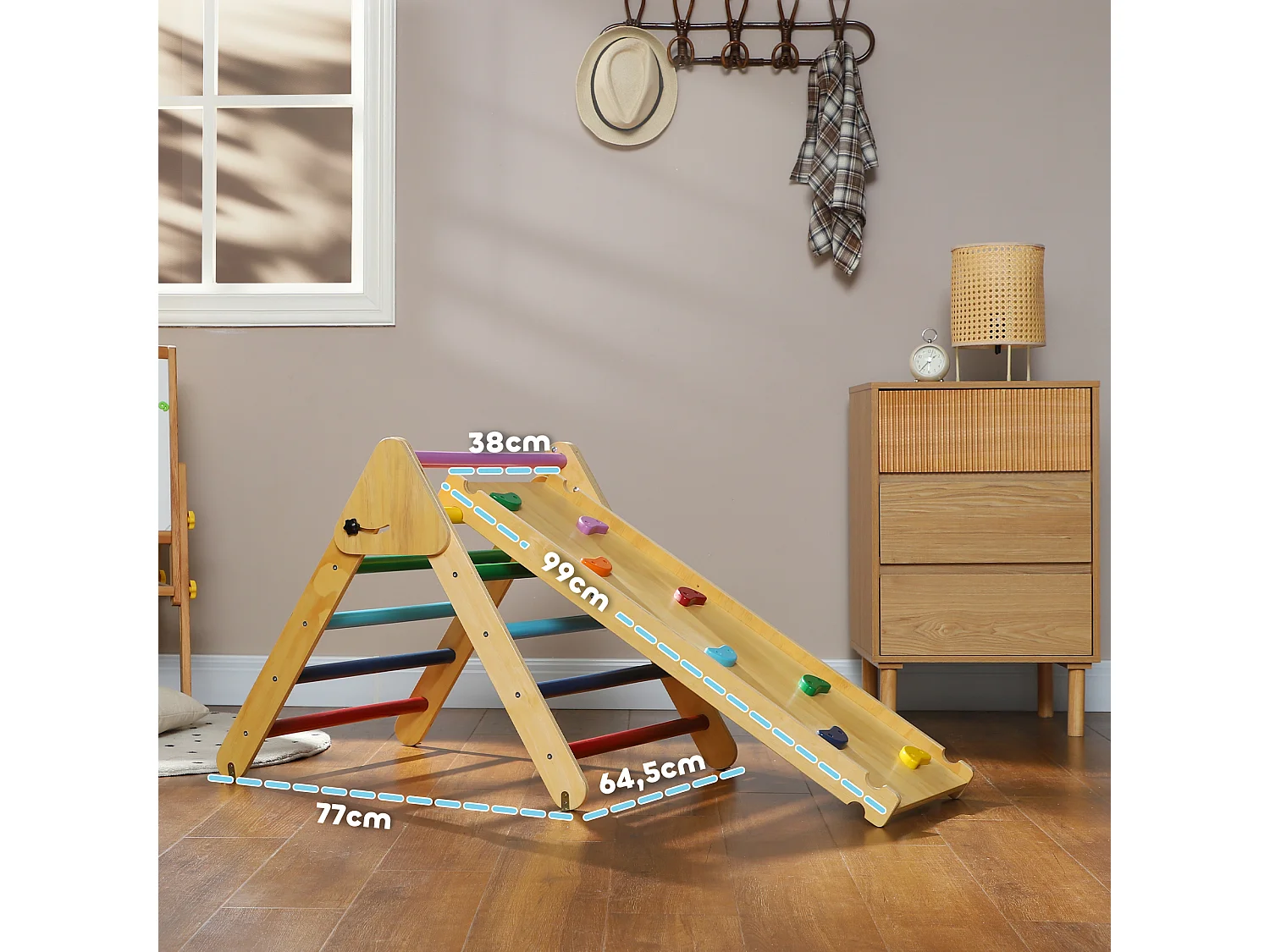 Ensemble d'escalade en bois 3 en 1 - triangle Pikler, toboggan, rampe - panneaux bois pin multicolore