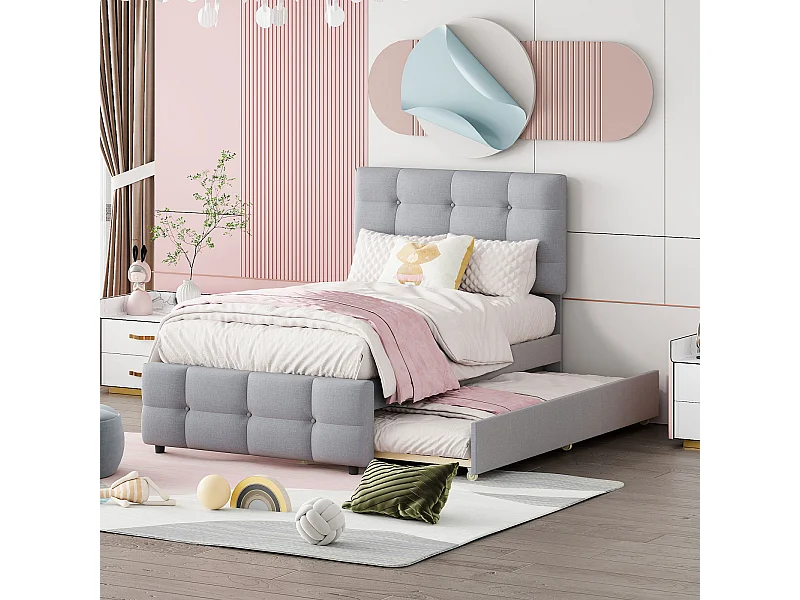 Sofá-cama infantil 90x200 cm, cama dobrável, cabeceira ajustável, capa de linho macia ao toque - Cinza