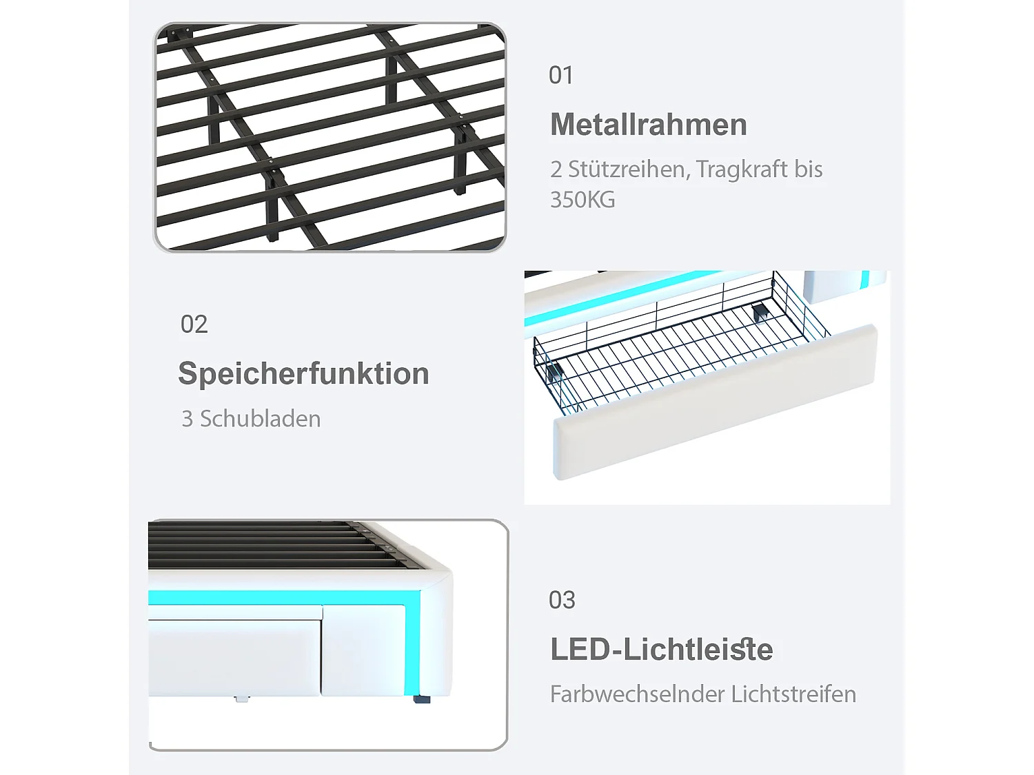 Cadre de Lit 180x200 cm avec Tiroirs, Sans Tête de Lit, Éclairage LED, Cadre en PU Simili Cuir, Lattes Métalliques - Beige