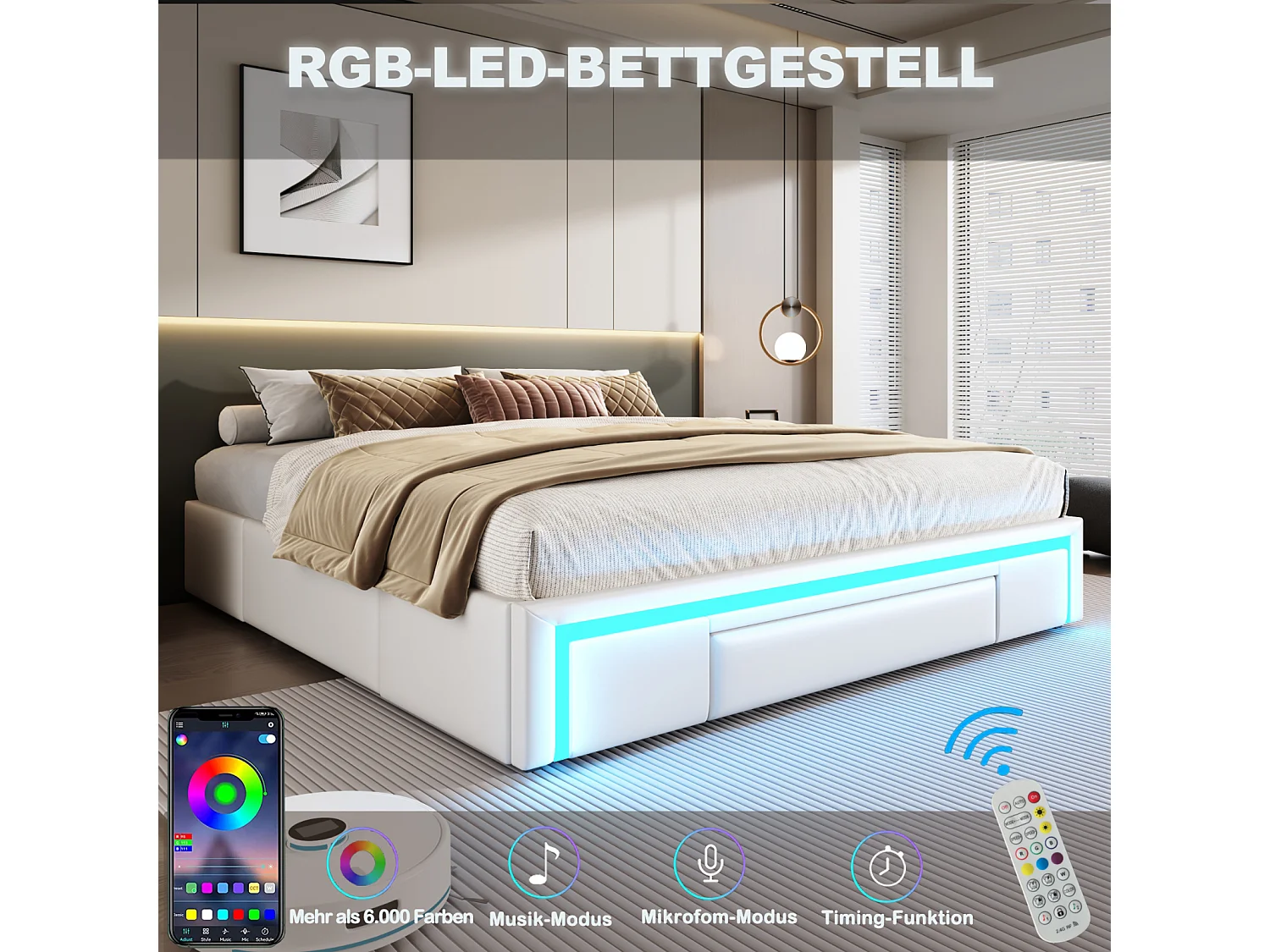 Cadre de Lit 180x200 cm avec Tiroirs, Sans Tête de Lit, Éclairage LED, Cadre en PU Simili Cuir, Lattes Métalliques - Beige