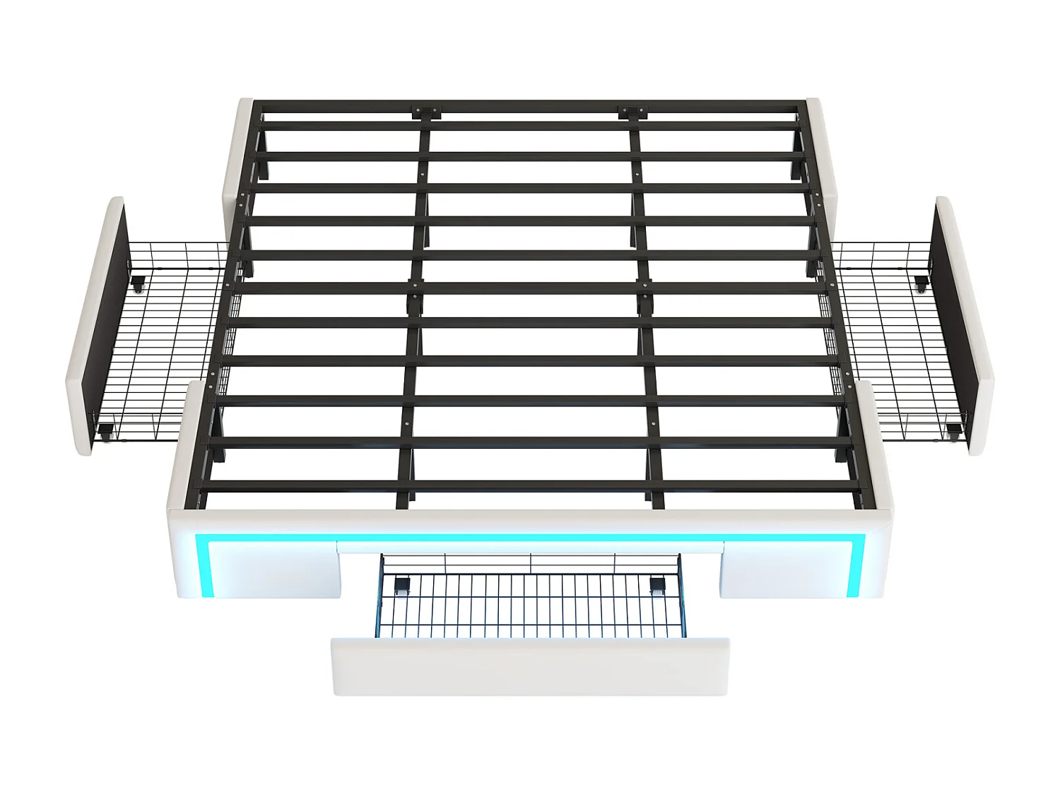 Cadre de Lit 180x200 cm avec Tiroirs, Sans Tête de Lit, Éclairage LED, Cadre en PU Simili Cuir, Lattes Métalliques - Beige