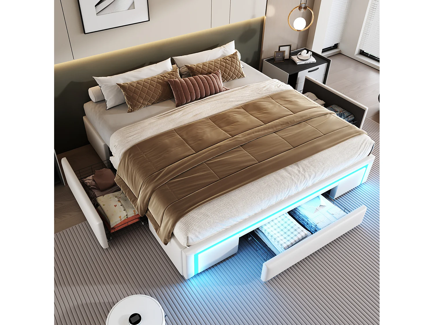 Cadre de Lit 180x200 cm avec Tiroirs, Sans Tête de Lit, Éclairage LED, Cadre en PU Simili Cuir, Lattes Métalliques - Beige