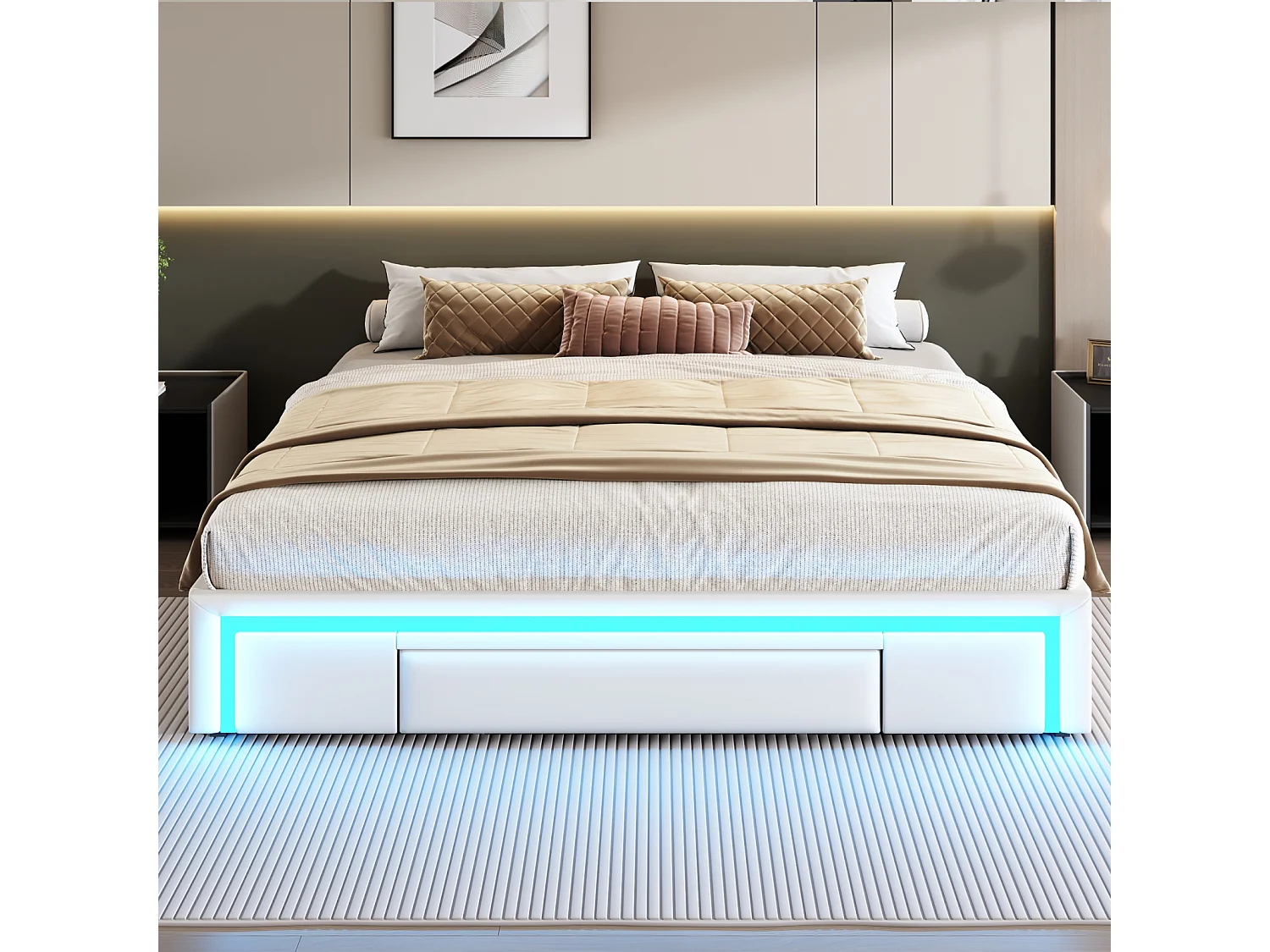 Cadre de Lit 180x200 cm avec Tiroirs, Sans Tête de Lit, Éclairage LED, Cadre en PU Simili Cuir, Lattes Métalliques - Beige