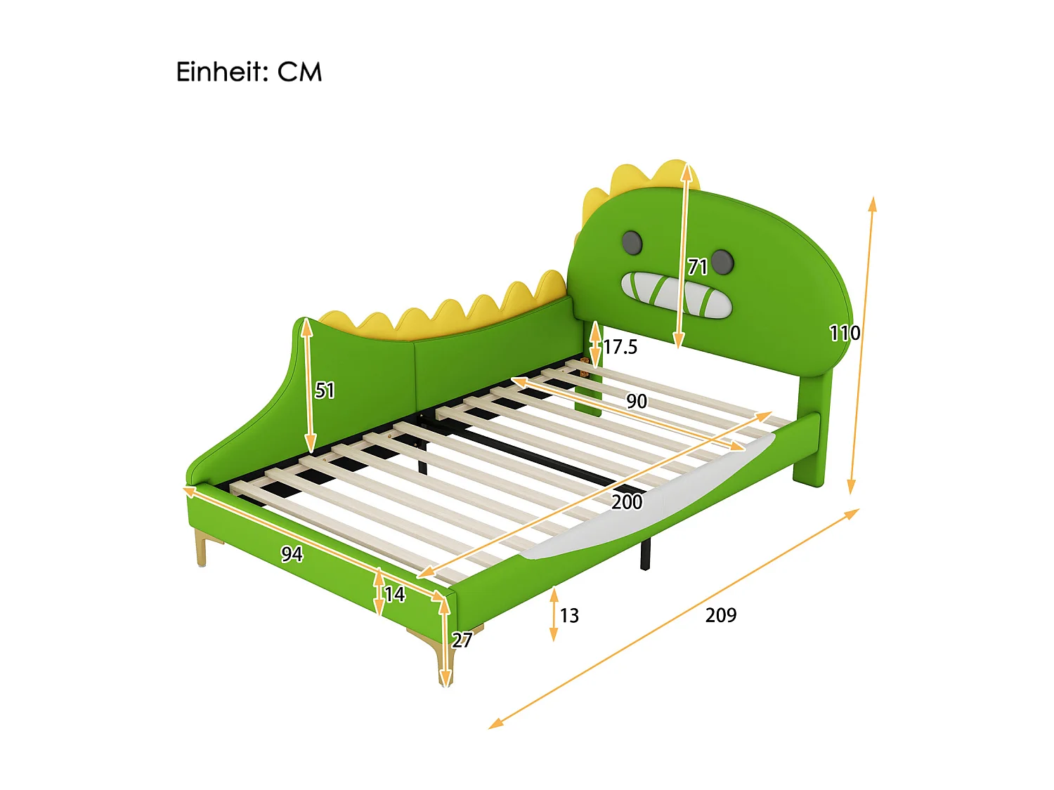 Lit pour Enfant 90x200 cm, Forme de Dinosaure Cartoon, Lit Plat en PU - Vert