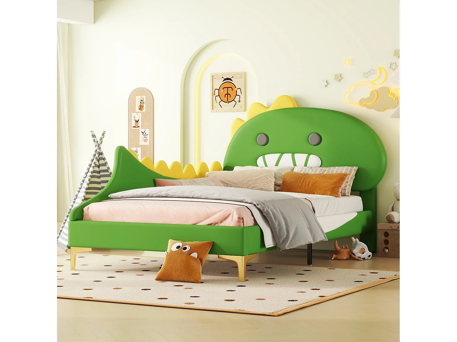 Lit pour Enfant 90x200 cm, Forme de Dinosaure Cartoon, Lit Plat en PU - Vert
