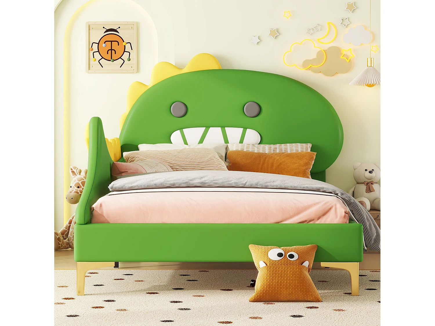 Lit pour Enfant 90x200 cm, Forme de Dinosaure Cartoon, Lit Plat en PU - Vert
