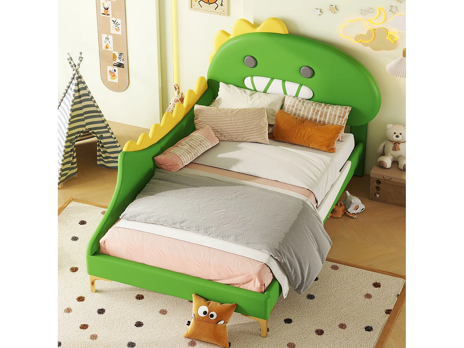 Lit pour Enfant 90x200 cm, Forme de Dinosaure Cartoon, Lit Plat en PU - Vert