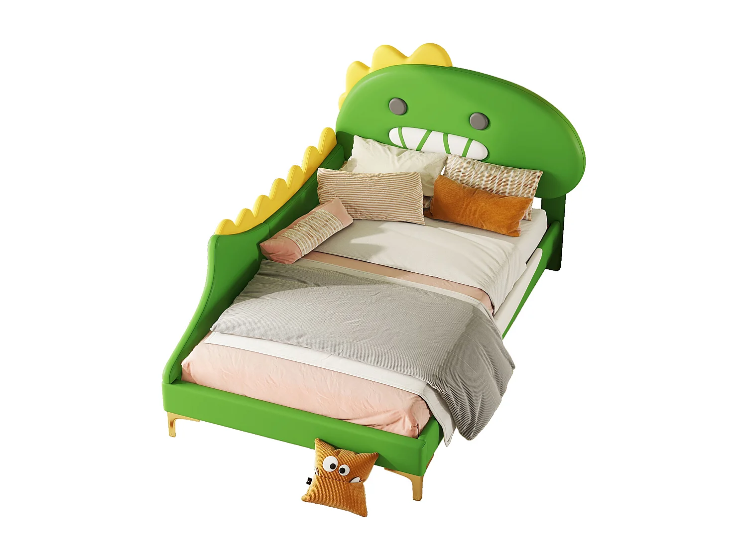 Lit pour Enfant 90x200 cm, Forme de Dinosaure Cartoon, Lit Plat en PU - Vert