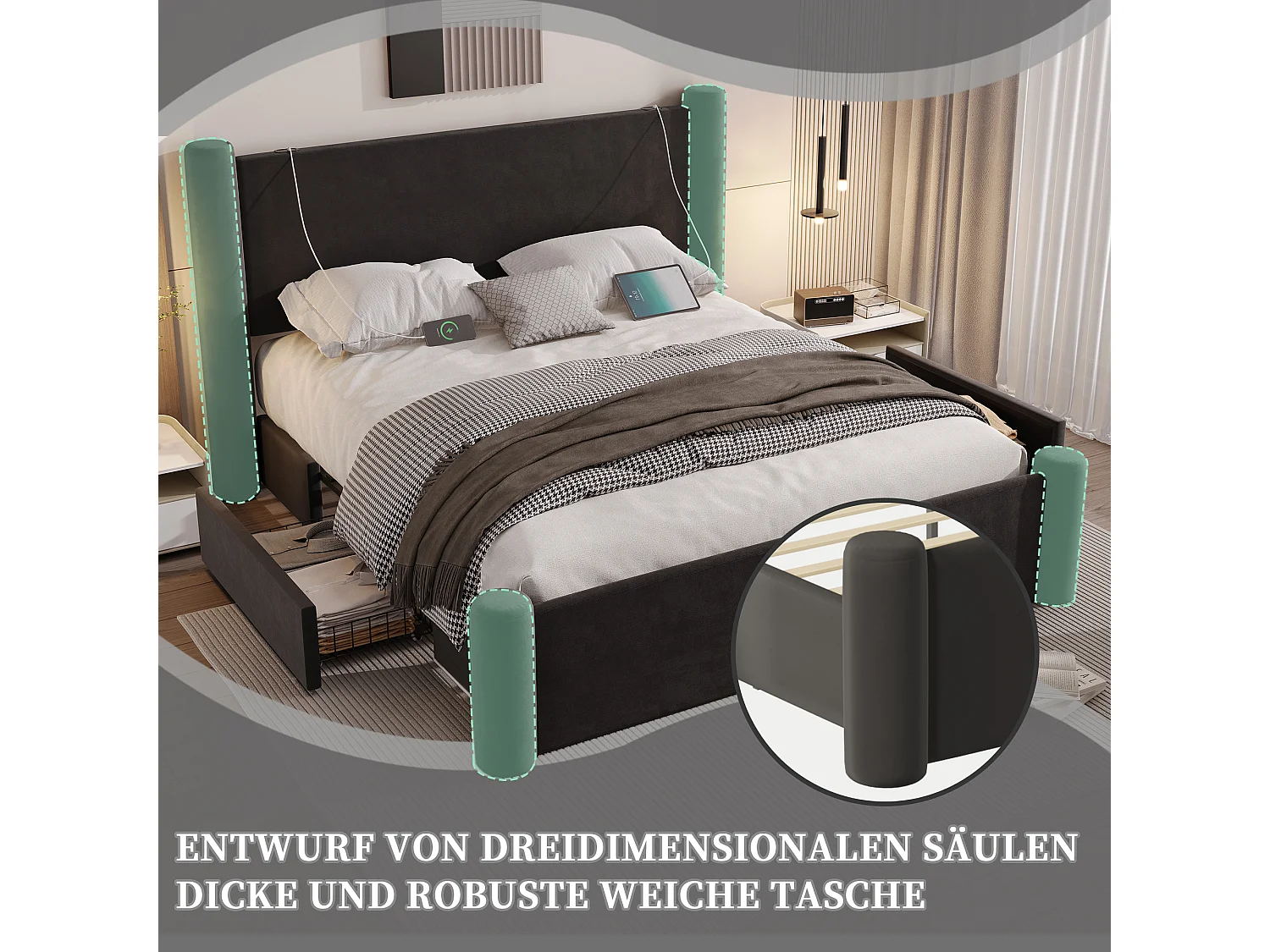 Cadre de Lit 140x200 cm, Tête de Lit Rembourrée, 2 Tiroirs et Prises USB - Noir