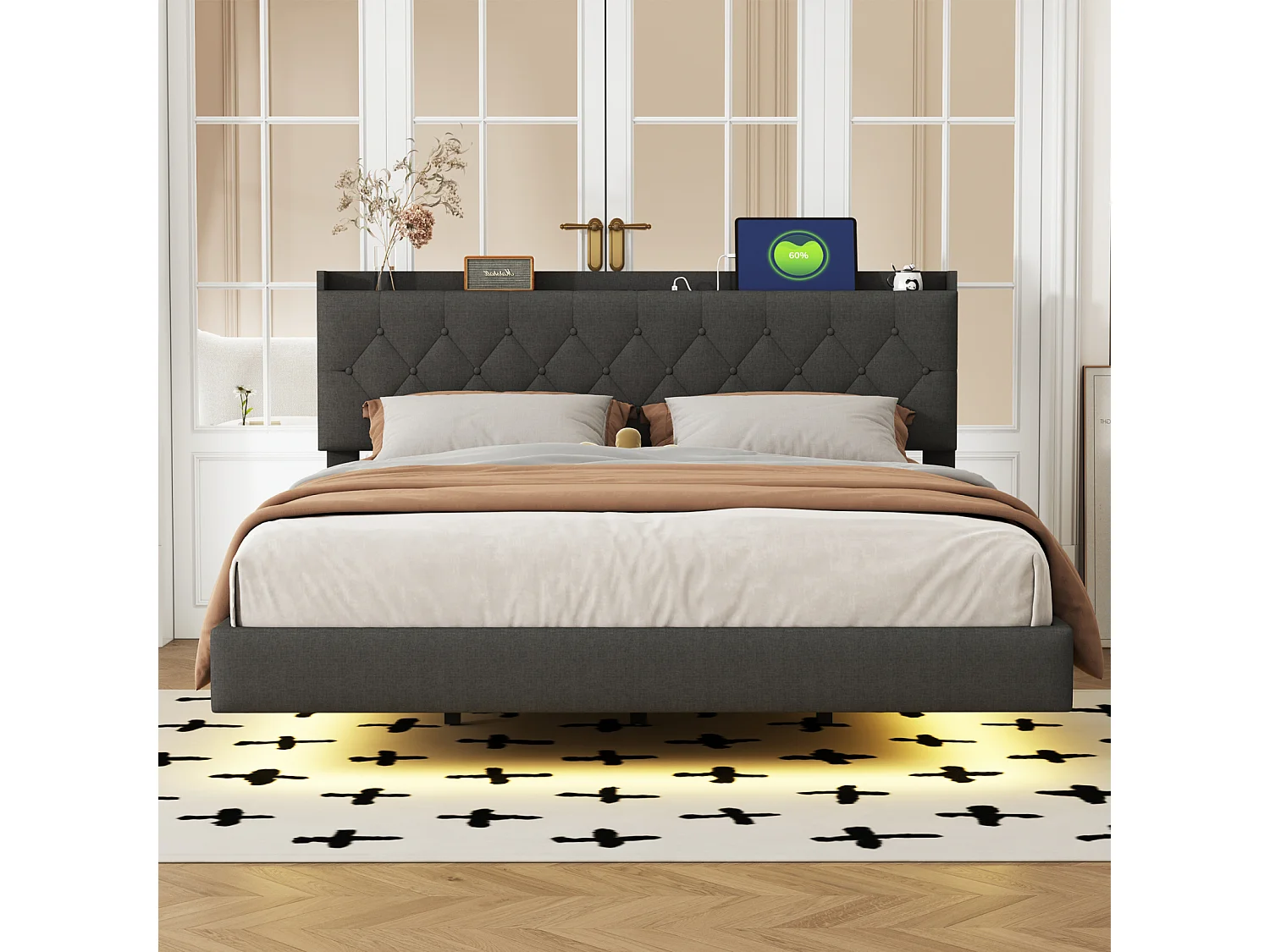 Lit Capitonné 160x200 cm, avec USB et Bande LED, Sommier à Lattes - Lin Gris