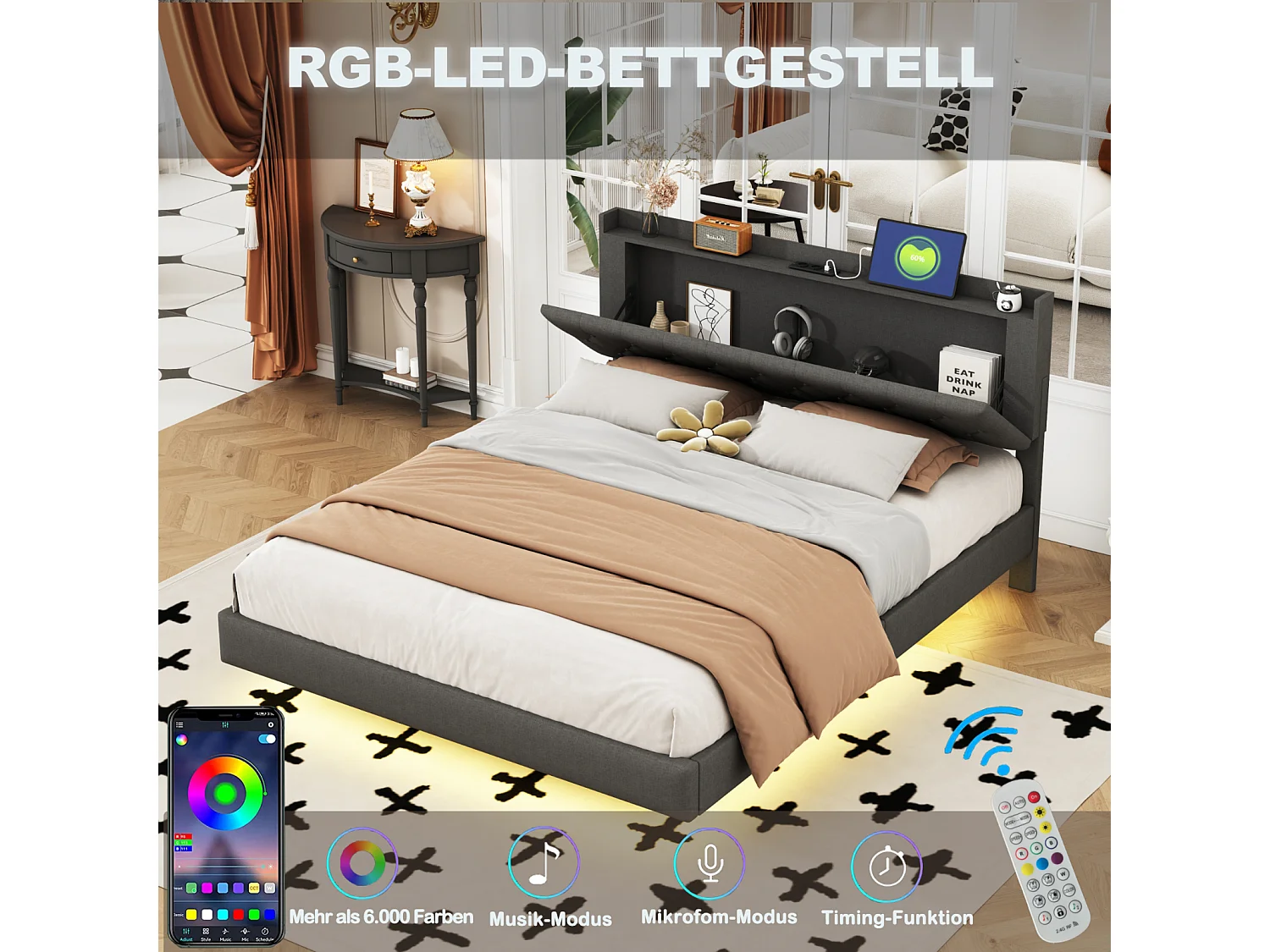 Cama estofada de 160x200 cm, com entrada USB e faixa de LED, estrado de ripas - Linho cinza