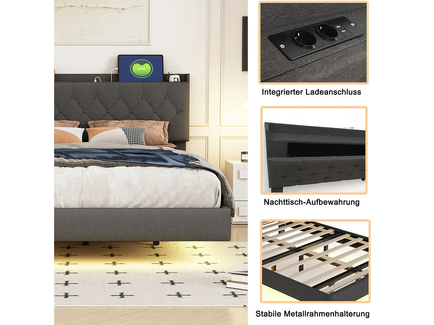 Cama estofada de 160x200 cm, com entrada USB e faixa de LED, estrado de ripas - Linho cinza