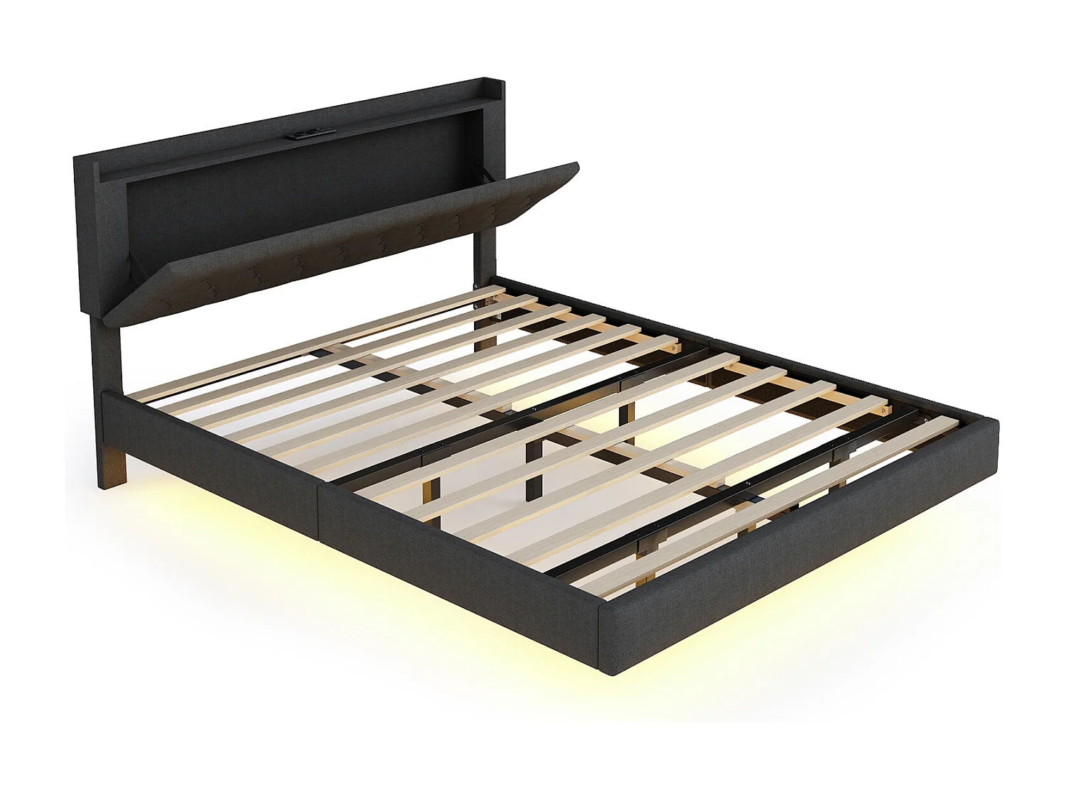 Cama estofada de 160x200 cm, com entrada USB e faixa de LED, estrado de ripas - Linho cinza