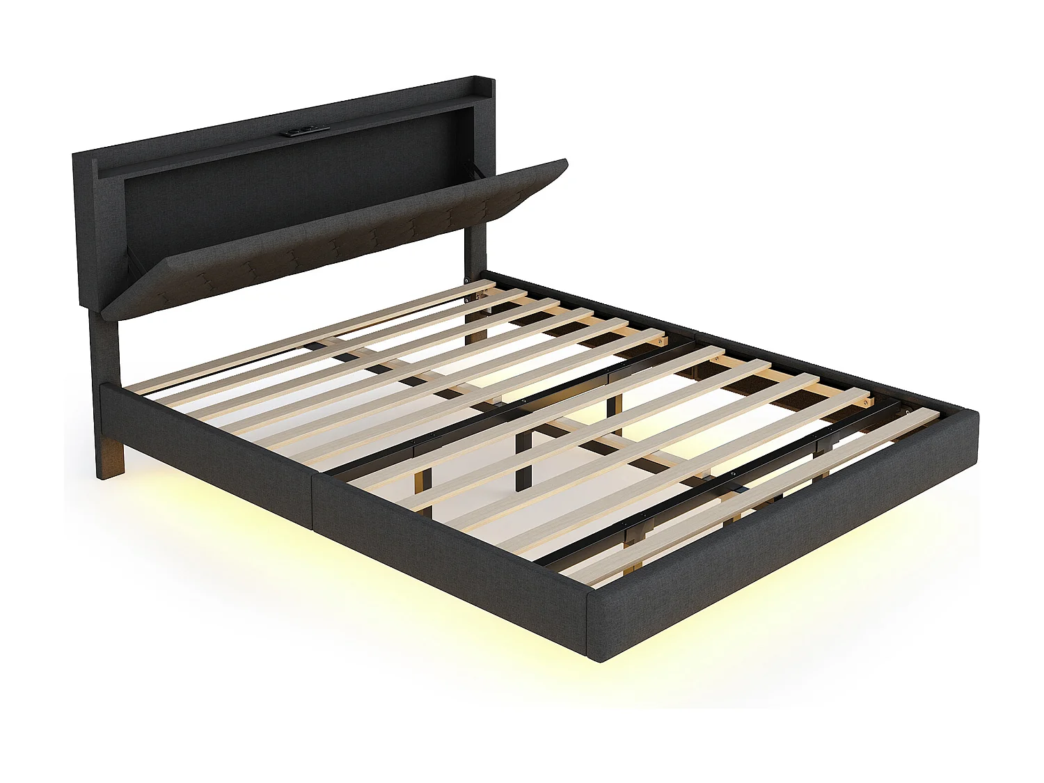 Cama estofada de 160x200 cm, com entrada USB e faixa de LED, estrado de ripas - Linho cinza