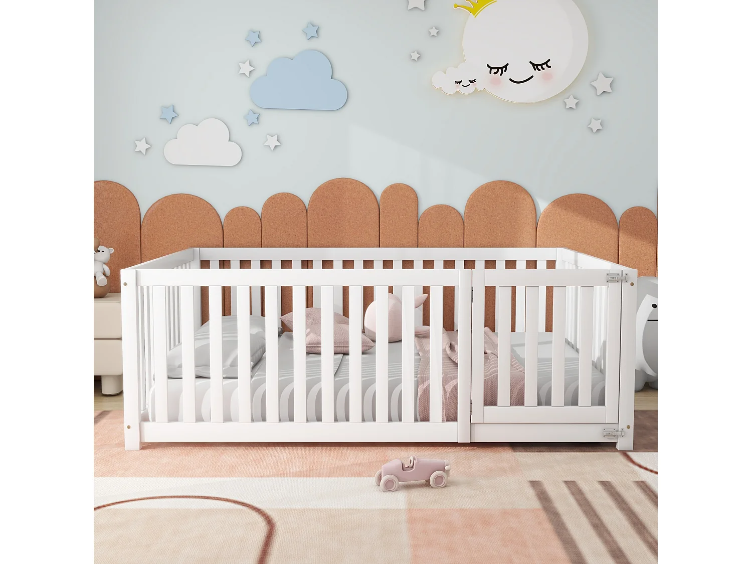 Kinderbed 140x200 cm, houten frame met leuning en deur - wit