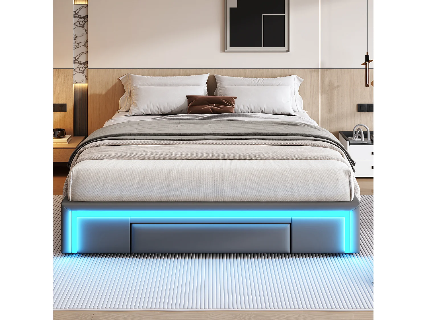 Cadre de Lit 160x200 cm avec Tiroirs, Lit sans Tête de Lit, Bande LED, Plateforme en Métal - Design Moderne, Gris