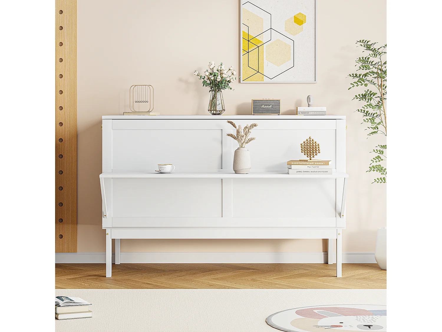 Lit Escamotable 140x200 cm, Lit Mural avec Sommier à Lattes, Lit Pliable Vertical pour Jeunesse - Blanc