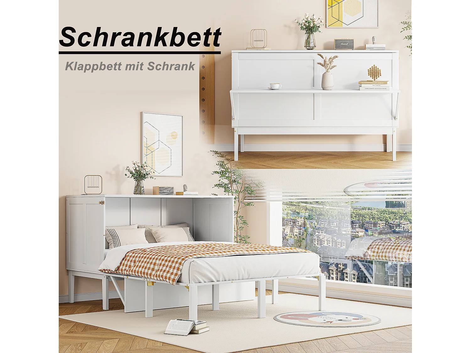 Letto a scomparsa 140x200 cm, letto a scomparsa con rete a doghe, letto pieghevole verticale per ragazzi - Bianco