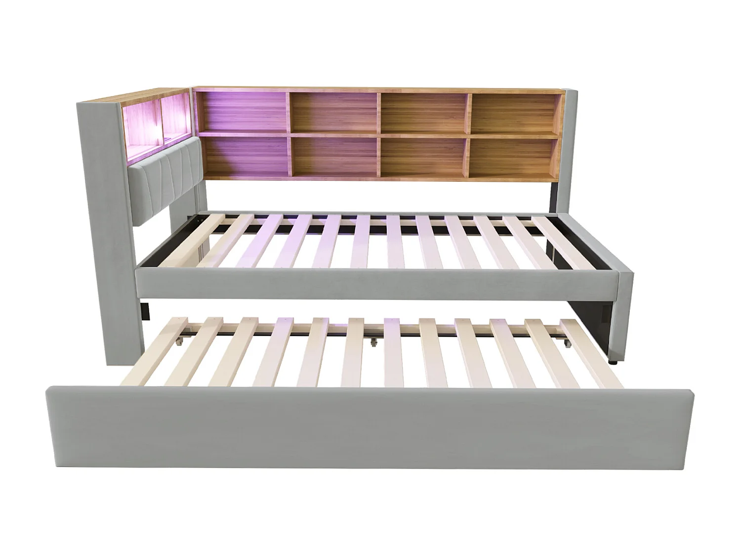 Canapé-Lit 90x200 cm avec Lit Extensible, Éclairage LED, Prises Électriques et Nombreux Compartiments de Rangement - Tissu Flanelle Gris Clair