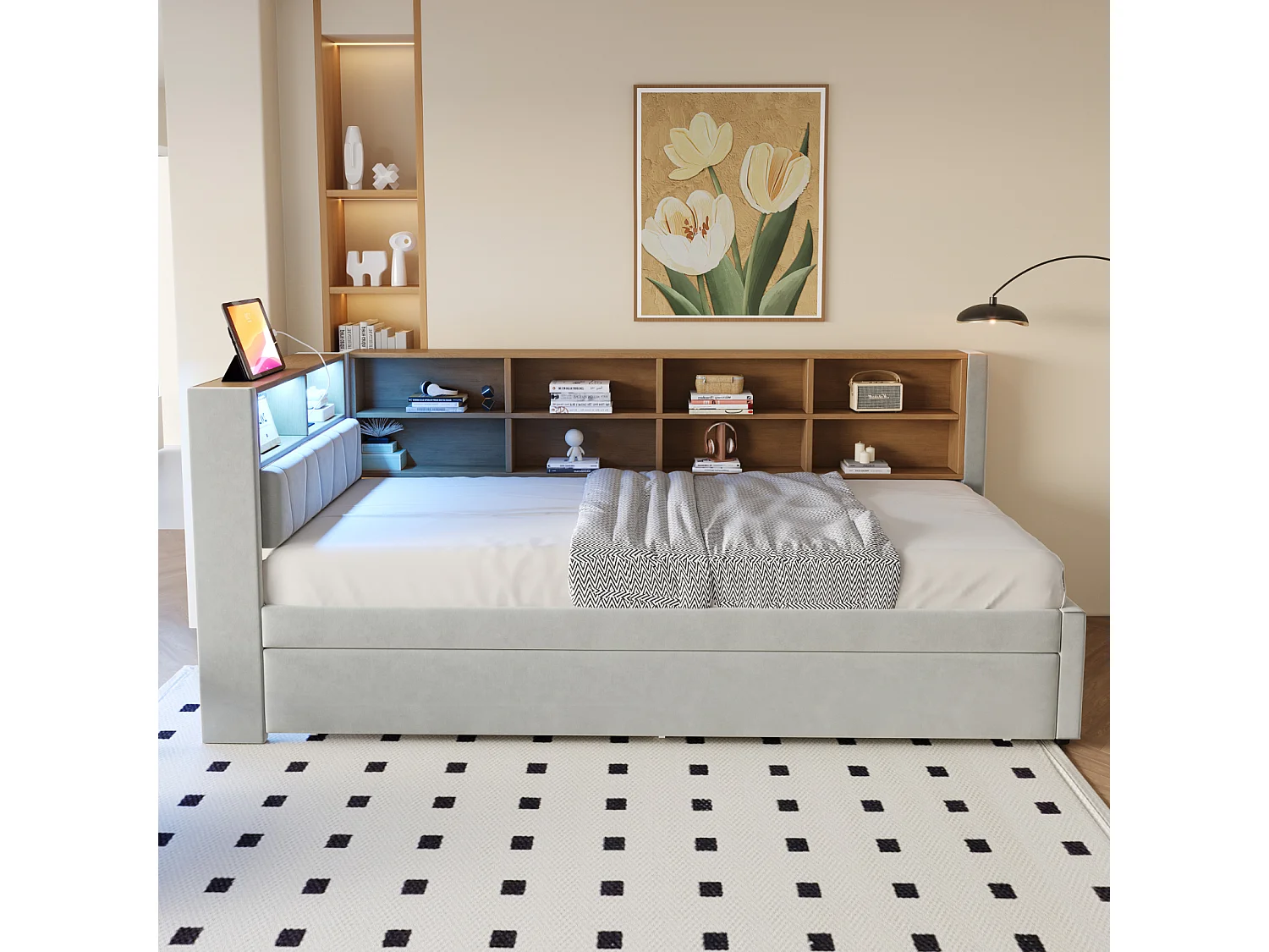 Canapé-Lit 90x200 cm avec Lit Extensible, Éclairage LED, Prises Électriques et Nombreux Compartiments de Rangement - Tissu Flanelle Gris Clair