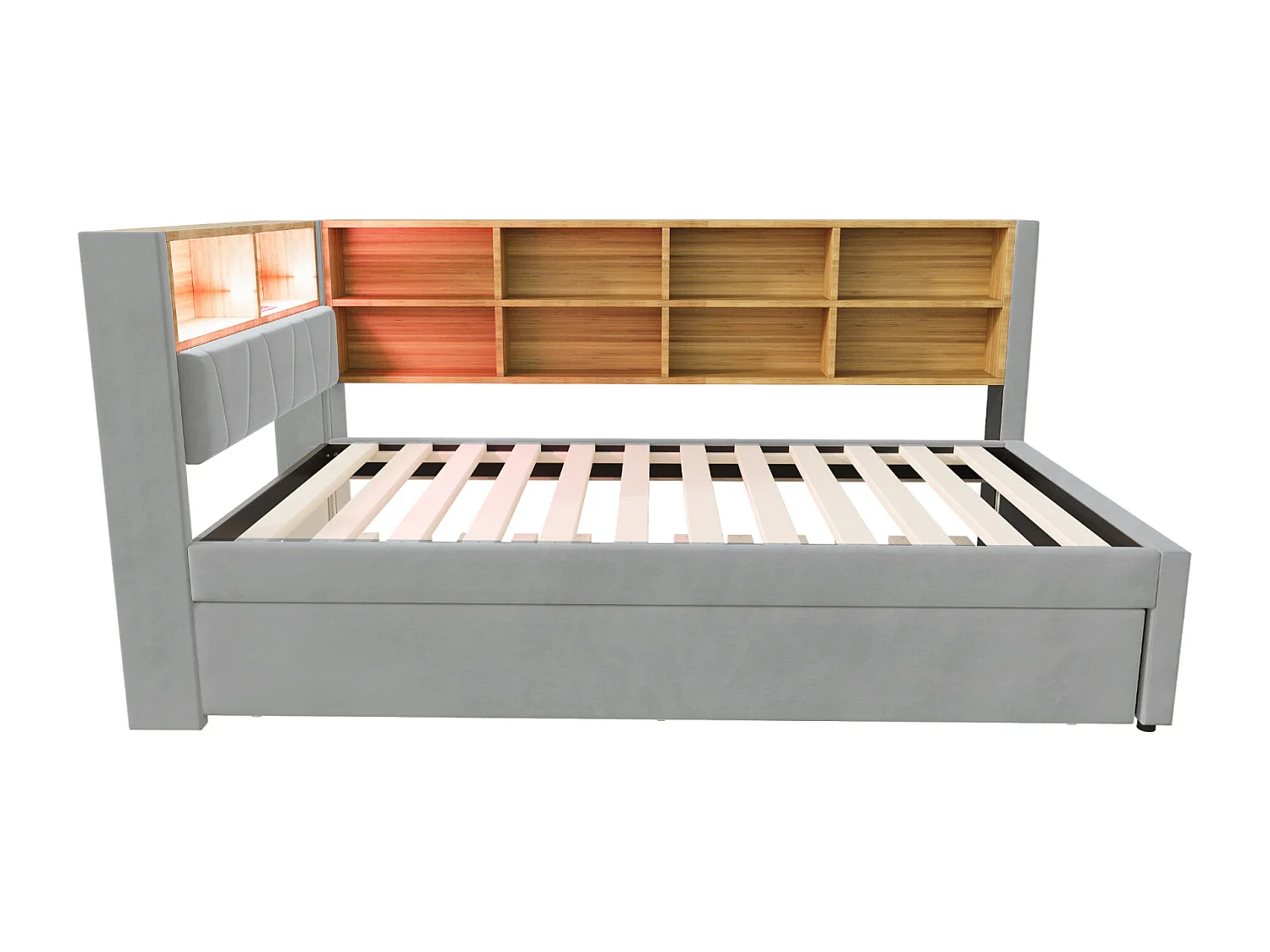 Canapé-Lit 90x200 cm avec Lit Extensible, Éclairage LED, Prises Électriques et Nombreux Compartiments de Rangement - Tissu Flanelle Gris Clair