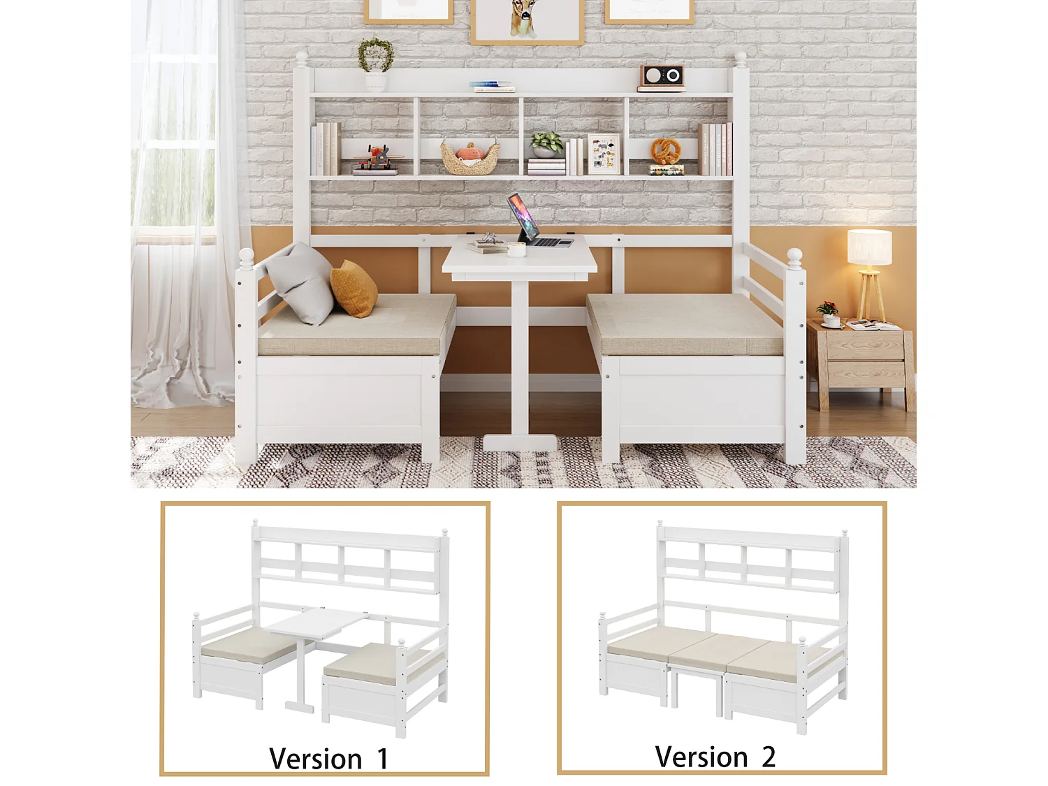 Canapé-Lit Multifonction en Bois Massif 200x90 cm, Convertible 2-en-1 avec Bureau, Étagère à Livres et Coussins Confortables - Blanc