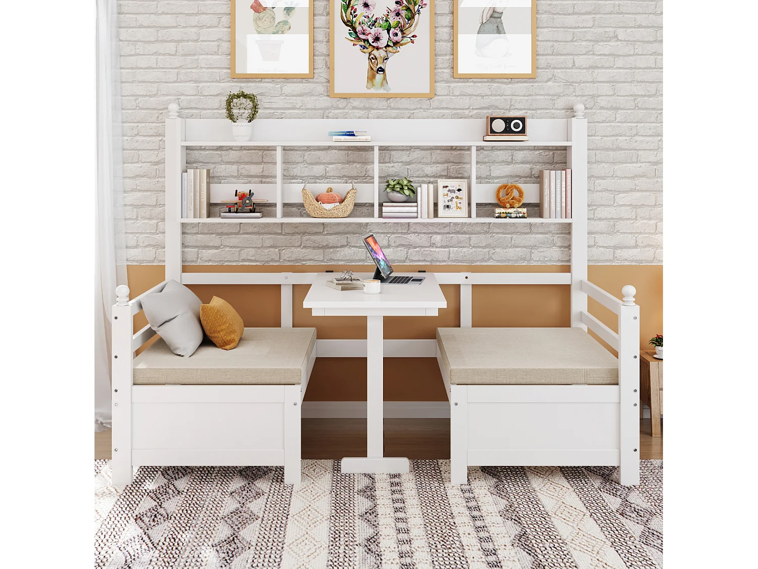 Multifunctionele slaapbank van massief hout 200x90 cm, 2-in-1 omvormbaar met bureau, boekenplank en comfortabele kussens - Wit