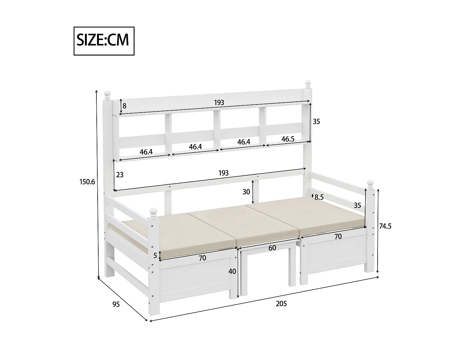 Multifunctionele slaapbank van massief hout 200x90 cm, 2-in-1 omvormbaar met bureau, boekenplank en comfortabele kussens - Wit
