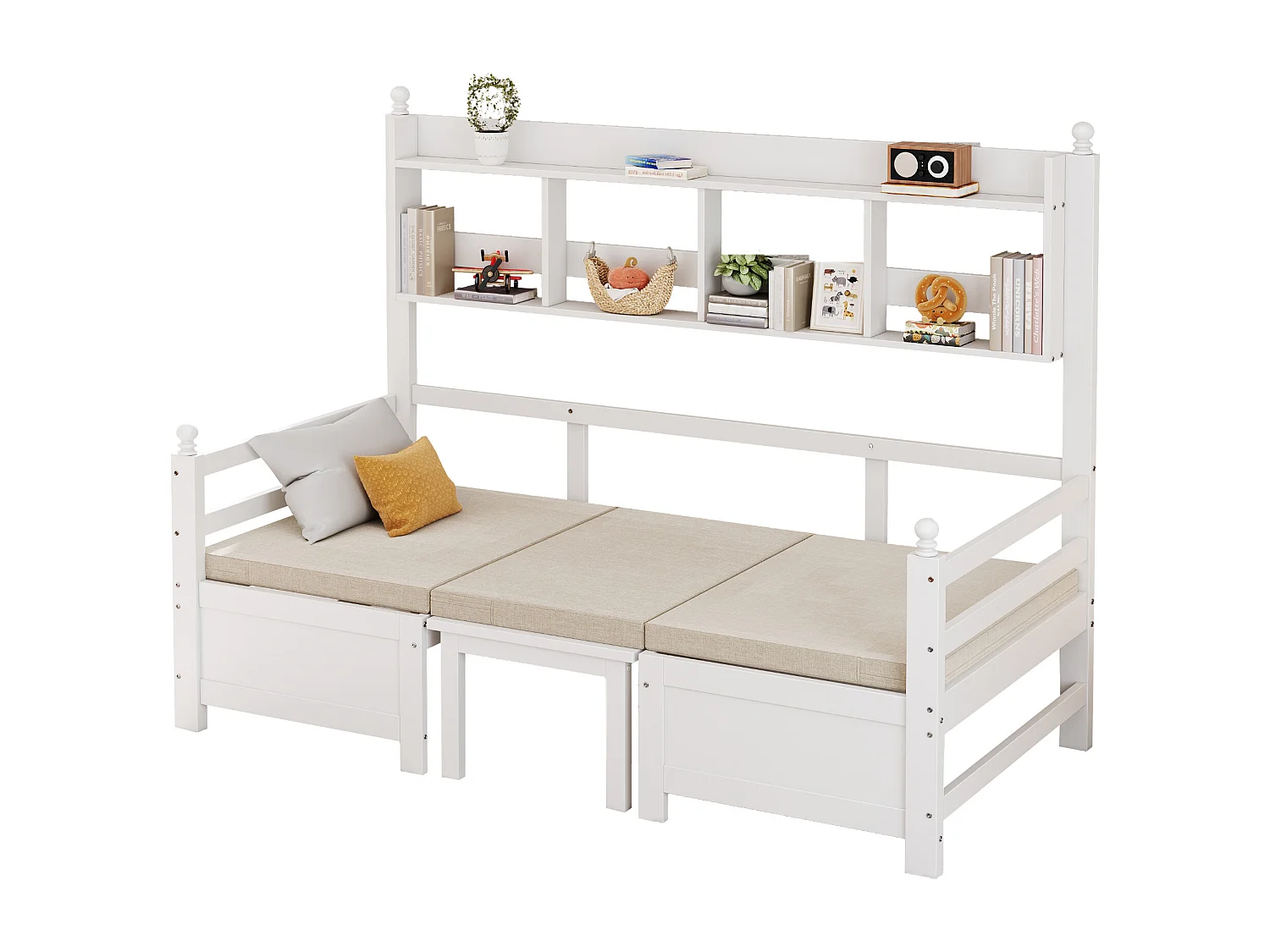 Multifunctionele slaapbank van massief hout 200x90 cm, 2-in-1 omvormbaar met bureau, boekenplank en comfortabele kussens - Wit