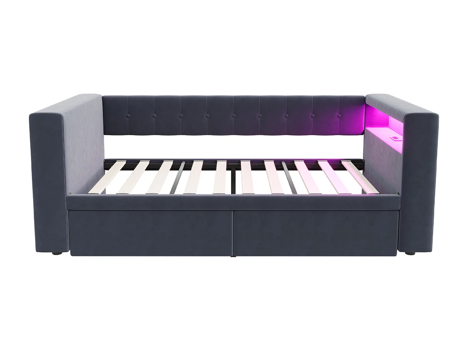Canapé-Lit 90x190 cm avec Éclairage LED, Prise USB et Grand Espace de Rangement avec Tiroirs - Lit Multifonction, Tissu Gris Foncé