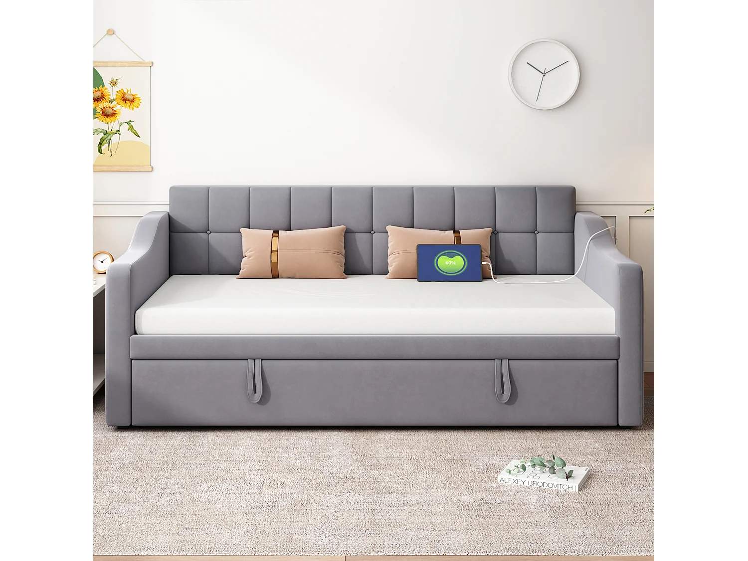 Canapé-Lit 2-en-1 Multifonction 90/180 cm, Tissu Velours Gris, Canapé avec Prise et Poche de Rangement